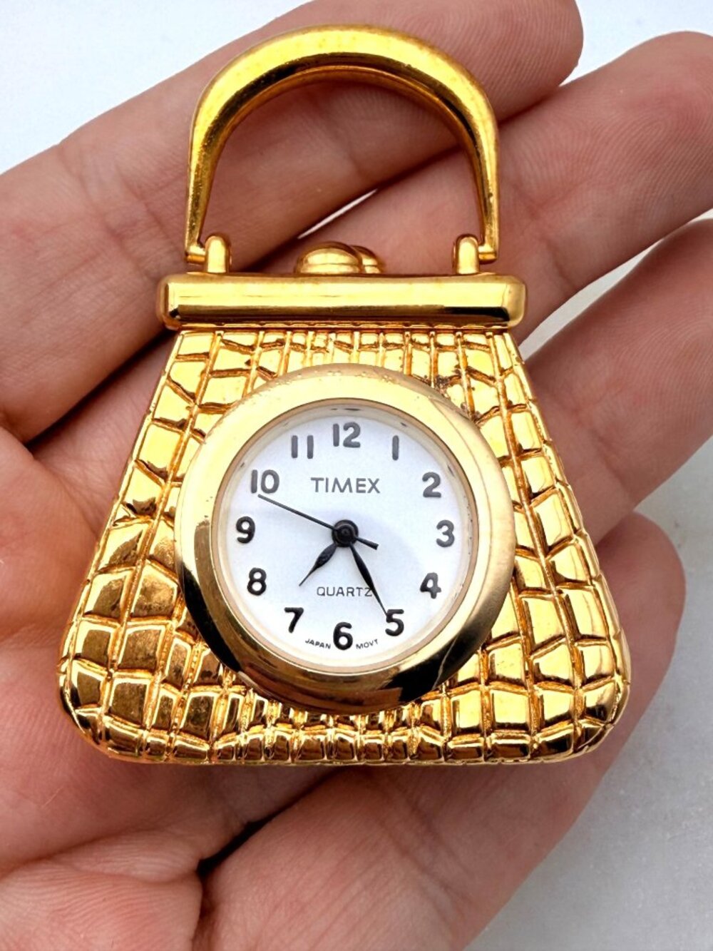 Timex Miniature Desk Clock Handbag Gold-Tone Alligator Pattern Quartz 2" WORKS - Picture 8 of 9